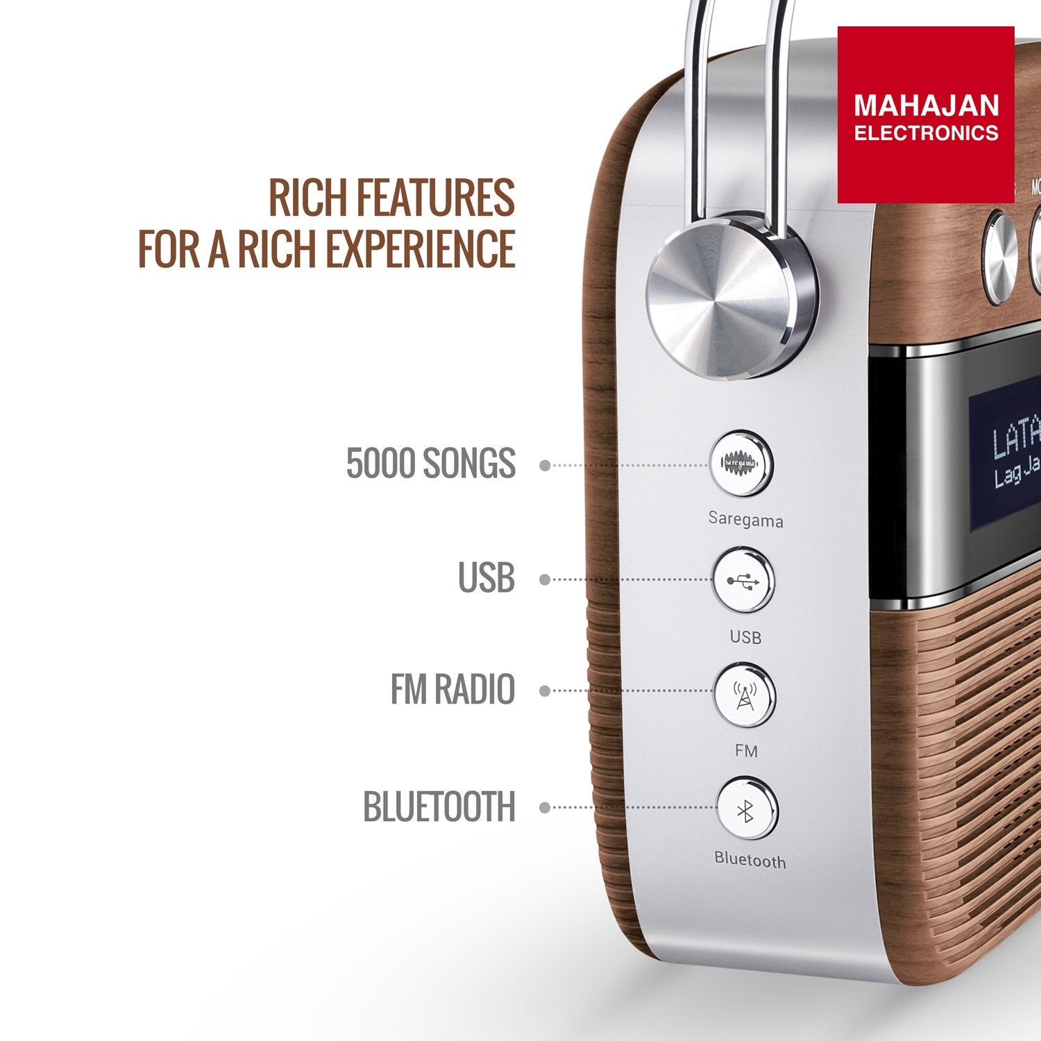 Saregama SC03 Carvaan Hindi - Portable Music Player with 5000 Preloaded Songs, FM/BT/AUX (Oak Wood Brown) – Mahajan Electronics image 2