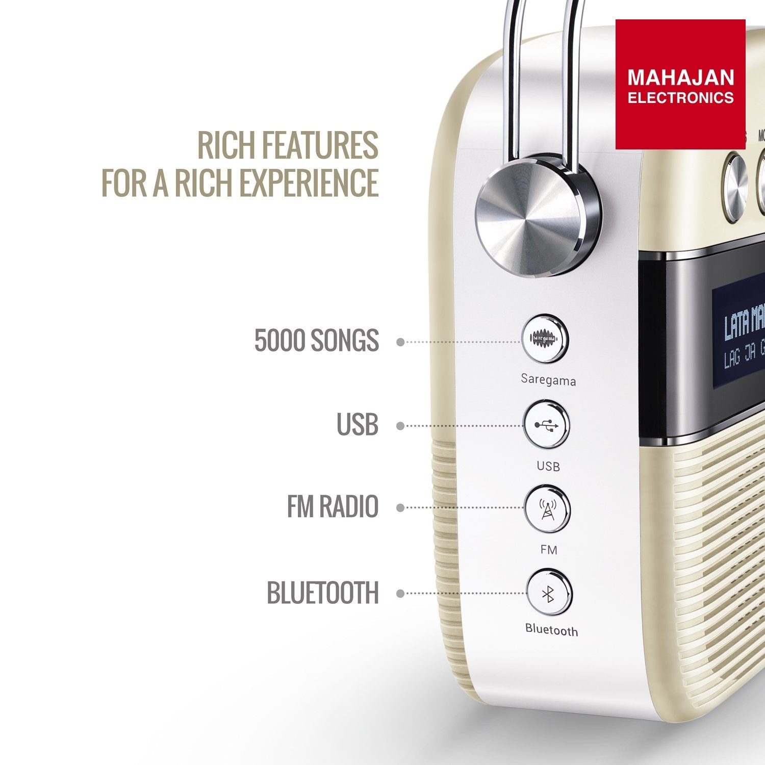 Saregama SC03 Carvaan Hindi - Portable Music Player with 5000 Preloaded Songs, FM/BT/AUX (Porcelain White) – Mahajan Electronics Online.