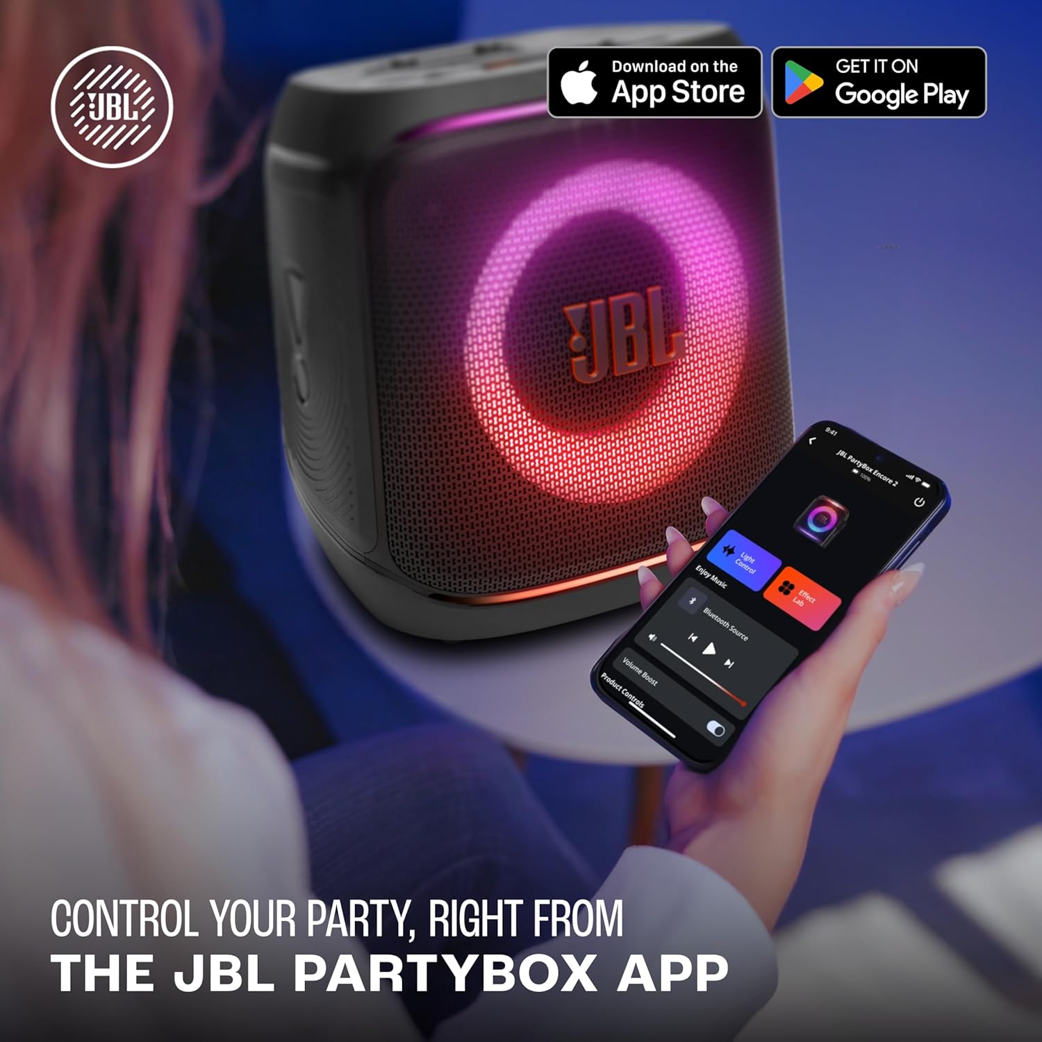 JBL Partybox Encore 2 with Mic, Wireless Bluetooth Party Speaker, AI Sound Boost, Dynamic Light Show, Upto 15Hrs Playtime, Replaceable Battery, Multi-Speaker Connection by Auracast, PartyBox App-Black Mahajan Electronics Online
