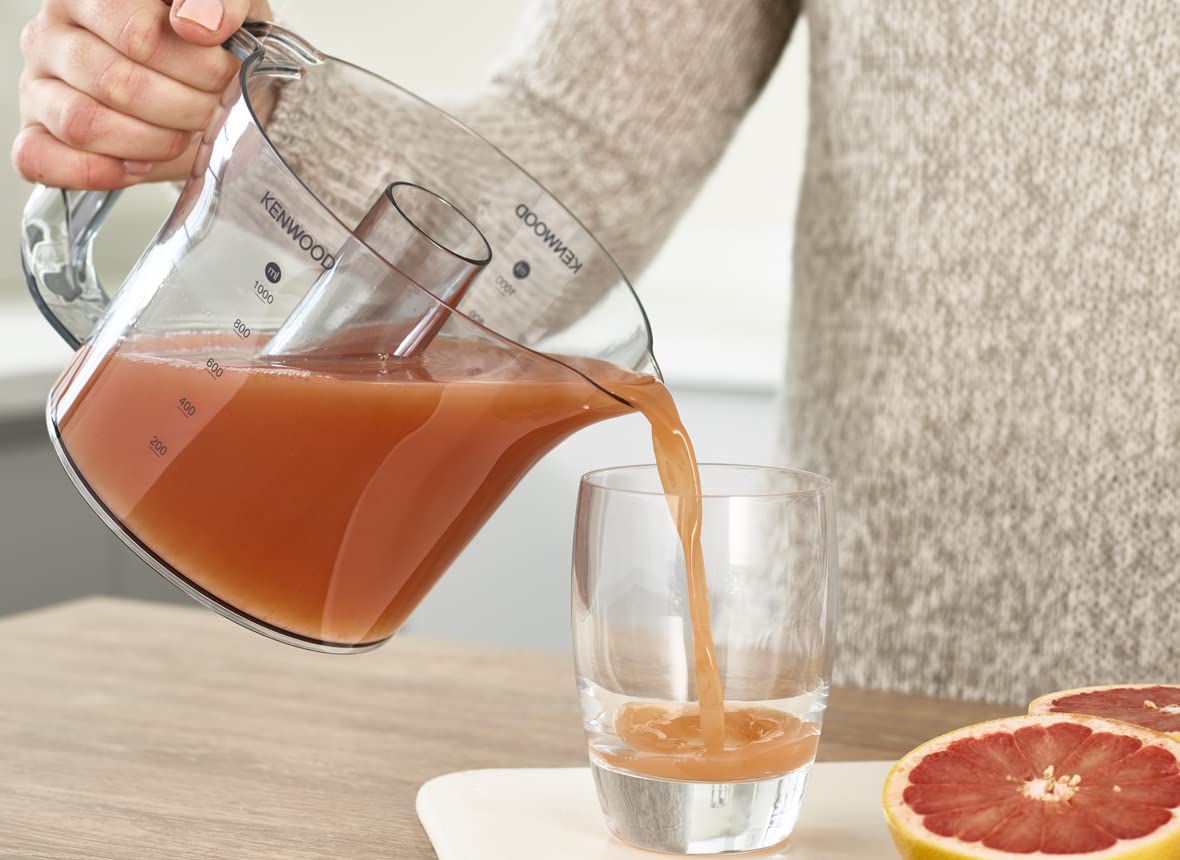 Kenwood JE290A Electric Citrus Juicer, 1 Litre Capacity, 40 Watts, Automatic Juice Extractor for Citrus Fruits, Stainless Steel Filter, 2 Way Rotation, Portable Fruit Squeezer, Transparent Jar, White Mahajan Electronics Online