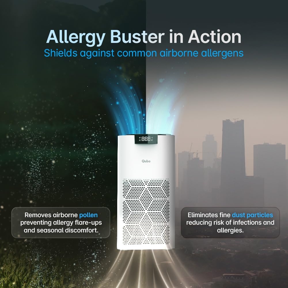 Qubo Smart Air Purifier Q500 for Home by Hero Group | 500 Sqft | 99.99% Allergen Removal | HEPA H13 | 9000 Hrs Filter Life | App & Voice Control | Energy Saving | Ultra-Quiet BLDC Motor (White) Mahajan Electronics Online