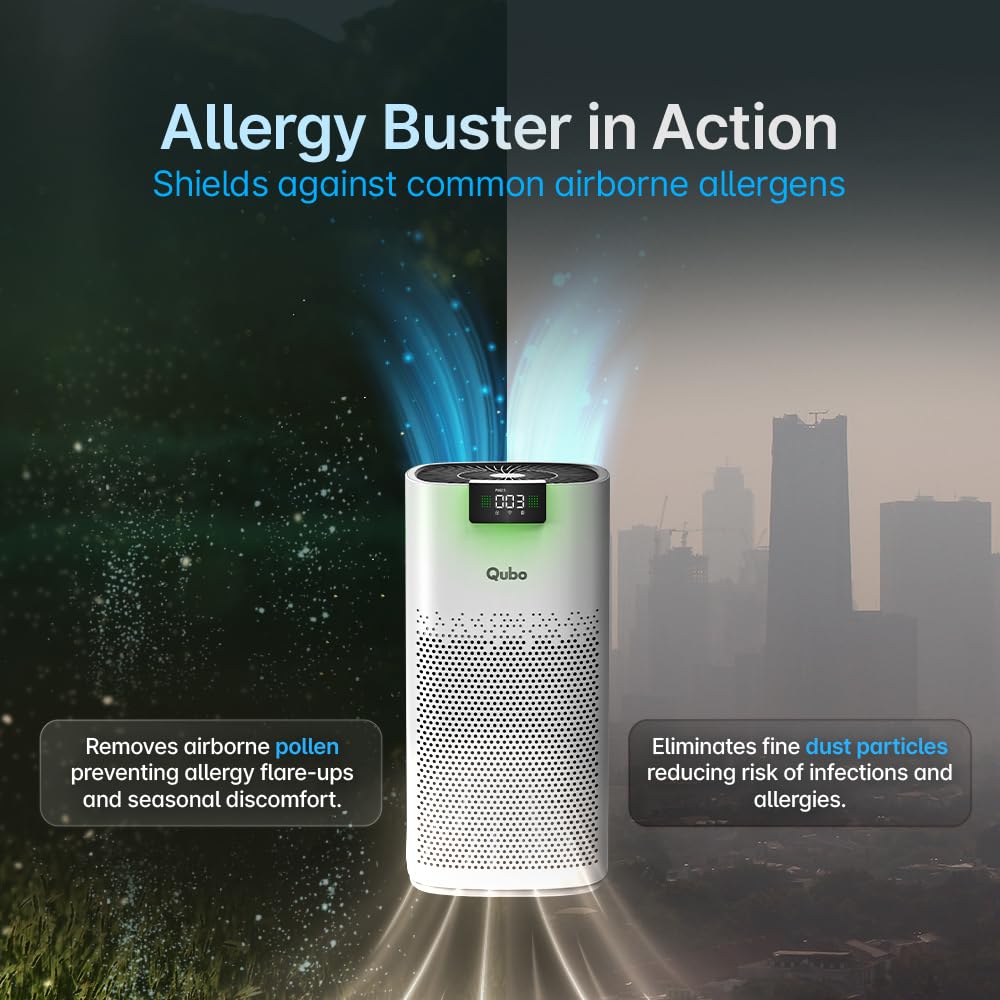 Qubo Smart Air Purifier Q600 for Home by Hero Group | 600 Sqft | 99.99% Allergen Removal | HEPA H13 | 15000 Hrs Filter Life | App & Voice Control | Energy Saving | Ultra-Quiet BLDC Motor (White) Mahajan Electronics Online