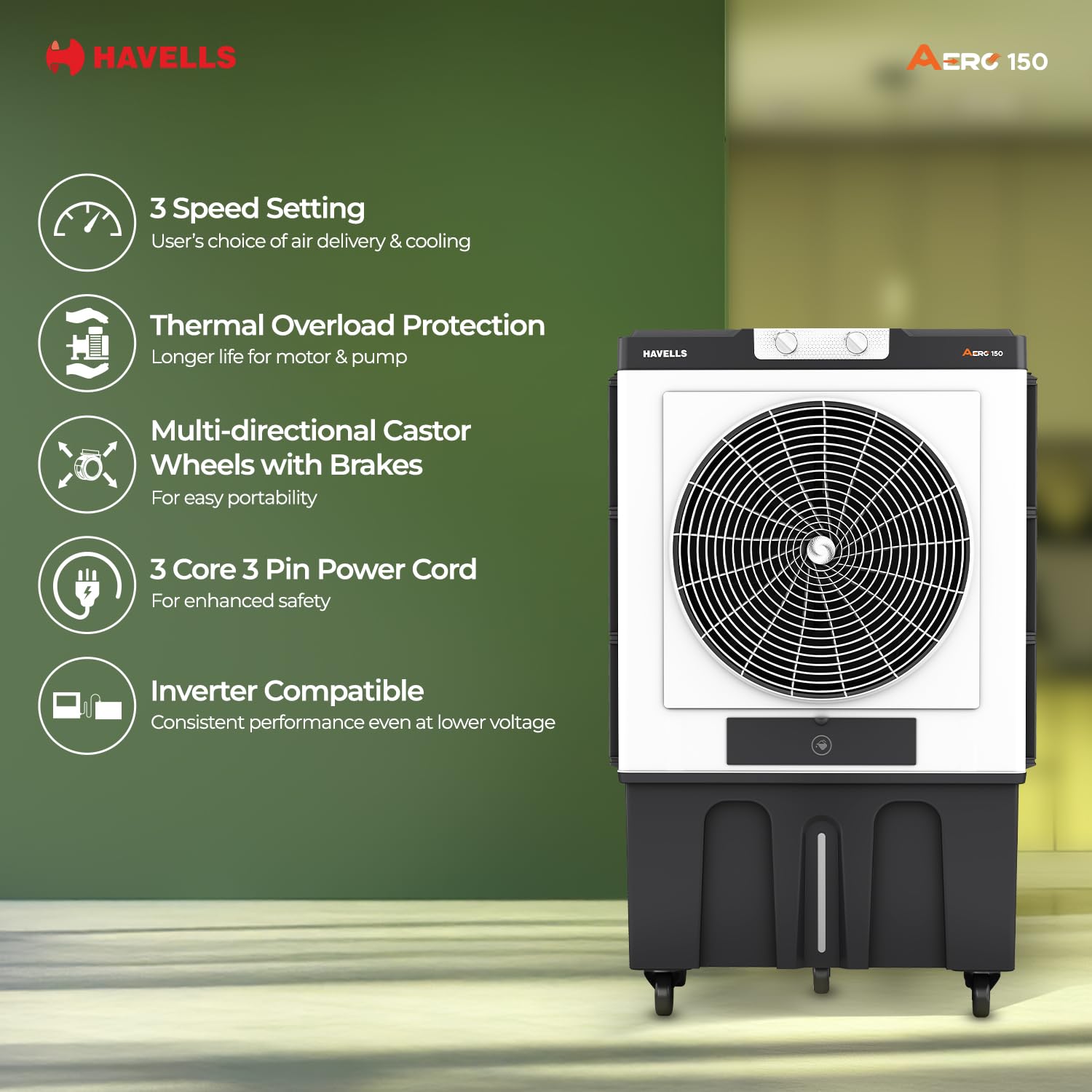 Havells 150L Aero Premium Desert Cooler | Auto Fill | XXL Ice Chamber | 3 Side Cooling Pads | Dust Filter | Heavy Duty Air Throw | Grey