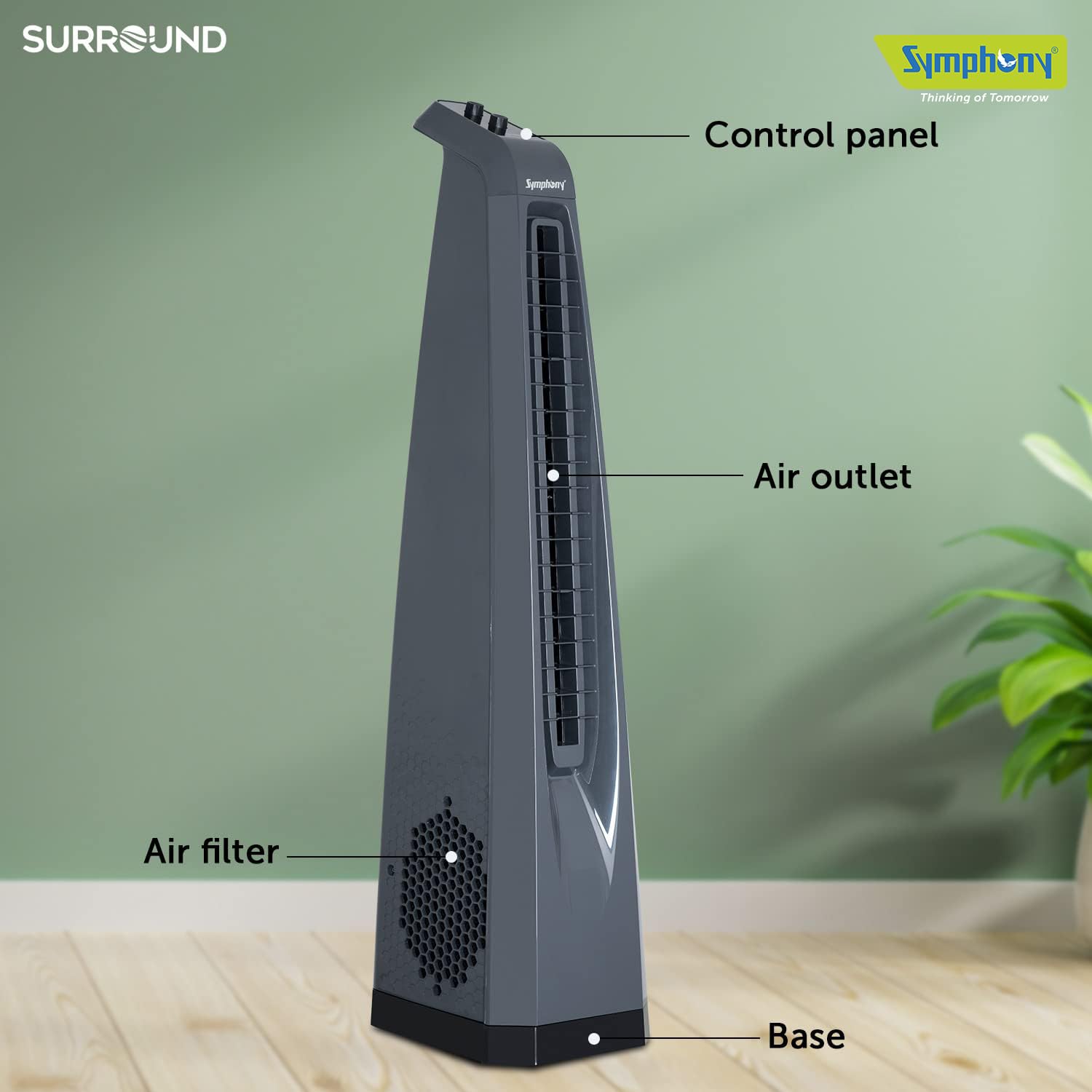 Symphony Surround Bladeless Tower Fan for Room & Office | High-Speed with Swivel Action & Simple Knob Control | Low Power Consumption | 1 Year Warranty | Grey Mahajan Electronics Online