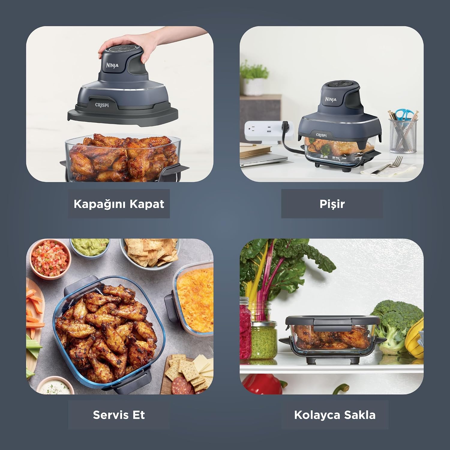 Ninja FN101EUGY CRISPi Portable Air Fryer, 3.8 L, 4-in-1: Airfry, Roasting, Keeping Warm, Crispy Warming, Space-Saving Compact Design, 2 Removable Glass Trays & Lids, 1700 W, Grey Ninja
