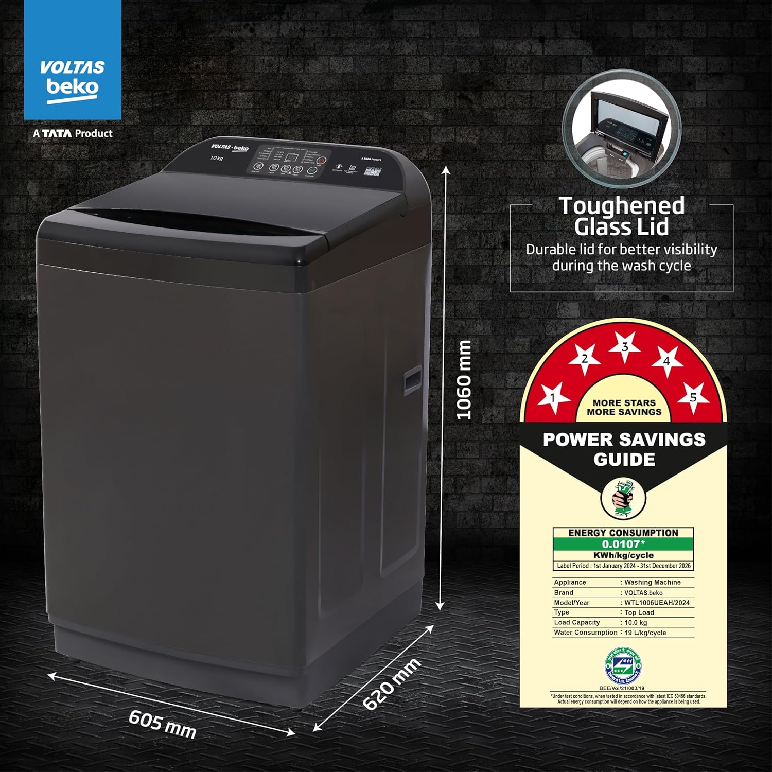 Voltas Beko, A Tata Product WTL1006UEAH/OBS3060 10 Kg 5 Star Fully-Automatic Top Loading Washing Machine (  Dark Grey, Inbuilt Heater)