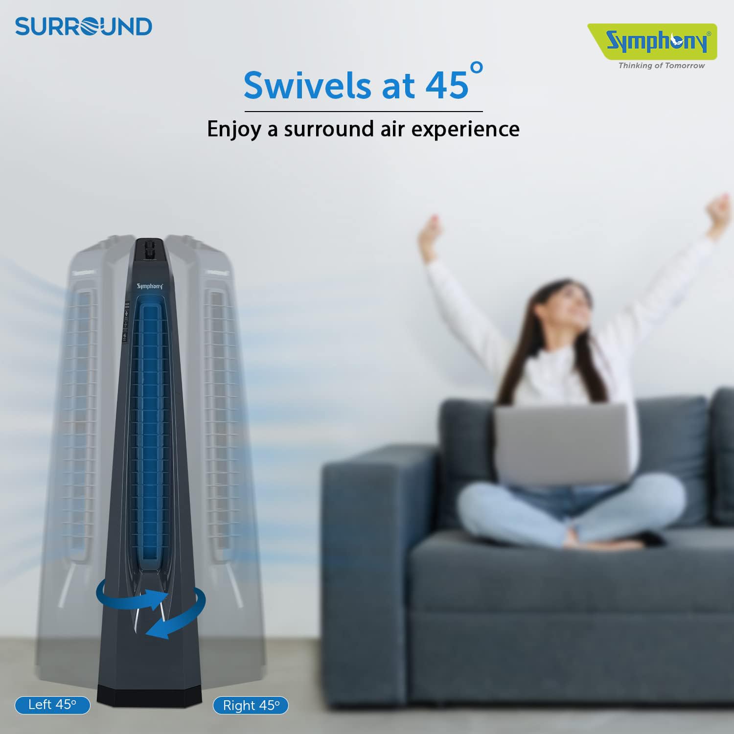 Symphony Surround Bladeless Tower Fan for Room & Office | High-Speed with Swivel Action & Simple Knob Control | Low Power Consumption | 1 Year Warranty | Grey Mahajan Electronics Online