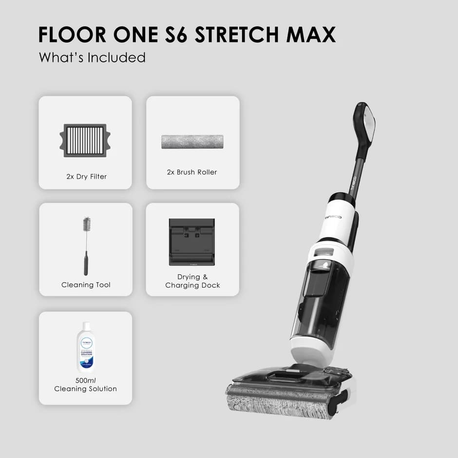 Tineco Floor One S6 Stretch Max Cordless Wet Dry Vacuum Cleaner, 180°Lay-Flat Smart Vacuum Mop, 45 Minutes Long Runtime 158℉ Flashdry Self-Cleaning Tineco