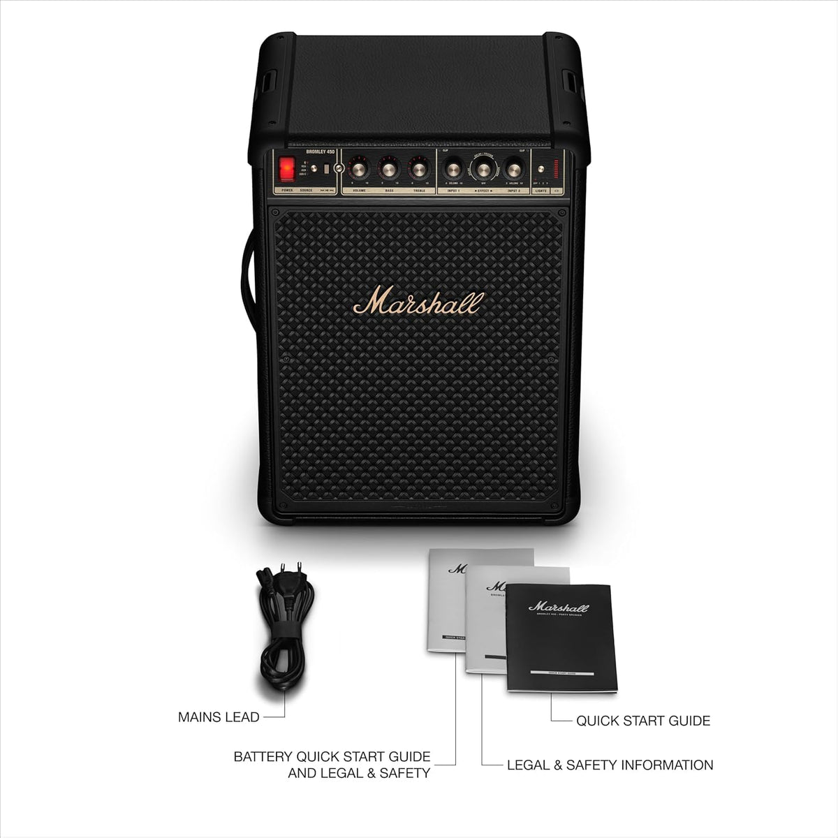 Marshall Bromley 450 Portable Party Speaker - Loud 360° Sound with Bass EQ Controls | 40+ Hours Playtime | Bluetooth, 3.5 mm AUX, RCA, Microphone, Instrument Inputs | LED Lights - Black and Brass Marshall