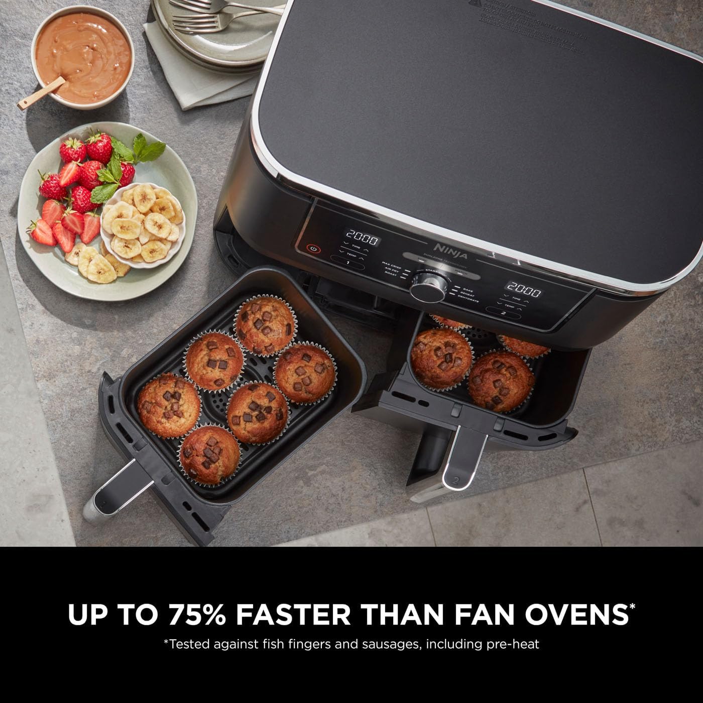 Ninja AF400 Foodi MAX Dual Zone Digital AirFryer, 2 Drawers, 9.5L, 6-in-1, Uses No Oil, Air Fry, Max Crisp, Roast, Bake, Reheat, Dehydrate, Cook 8 Portions, Non-Stick Dishwasher Safe Baskets, Black Mahajan Electronics Online