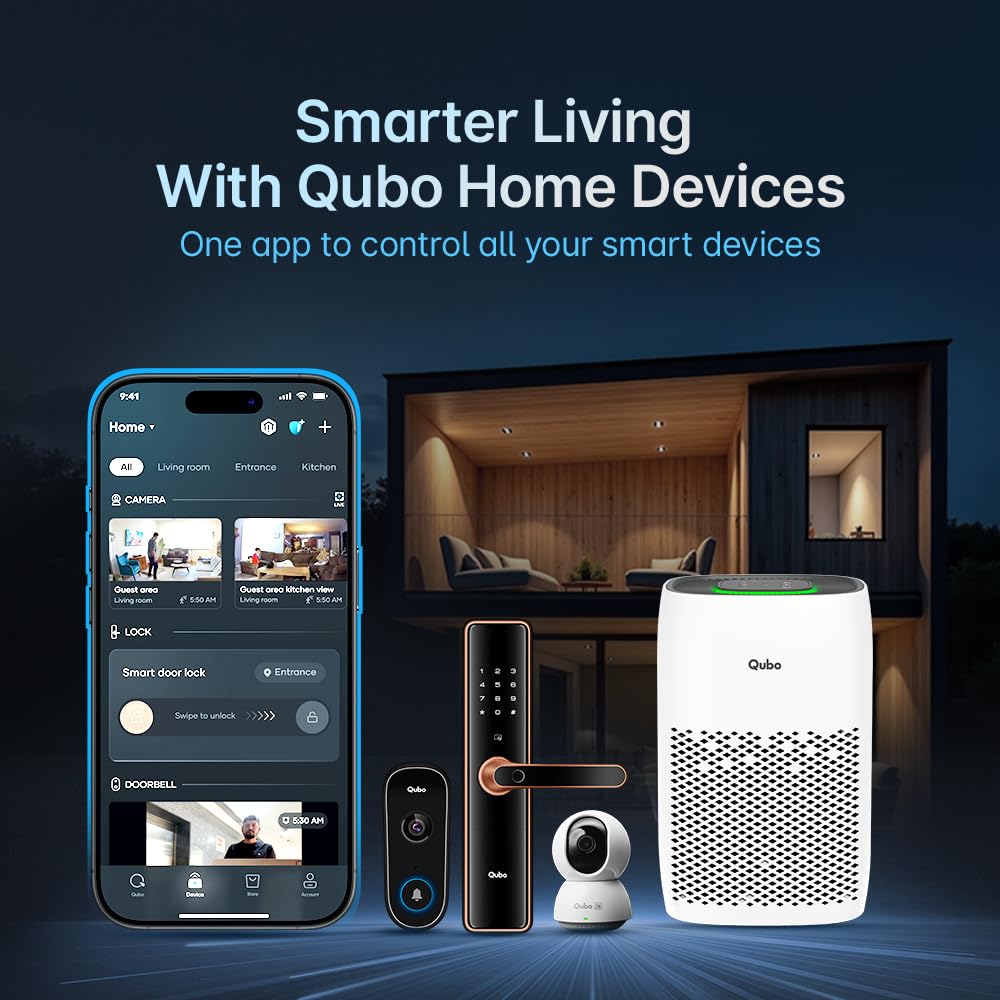 Qubo Smart Air Purifier Q200 for Home by Hero Group | 200 Sqft | 99.99% Allergen Removal | HEPA H13 | 9000 Hrs Filter Life | App & Voice Control | Energy Saving | Ultra-Quiet BLDC Motor (White) Mahajan Electronics Online