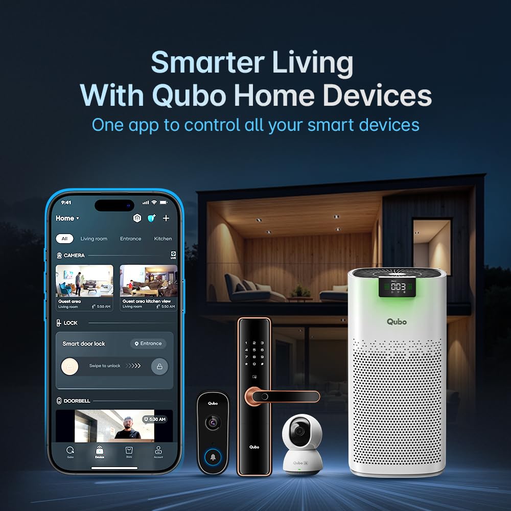 Qubo Smart Air Purifier Q600 for Home by Hero Group | 600 Sqft | 99.99% Allergen Removal | HEPA H13 | 15000 Hrs Filter Life | App & Voice Control | Energy Saving | Ultra-Quiet BLDC Motor (White) Mahajan Electronics Online