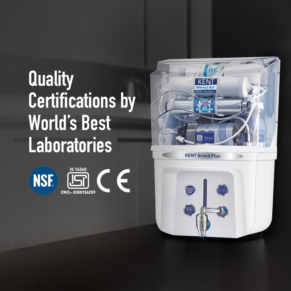 KENT Grand Plus RO Water Purifier | 4 Years Free Service | ISI Marked | Multiple Purification Process | RO + UV + UF + TDS Control + UV LED Tank | 9L Tank | 20 LPH Flow | Zero Water Mahajan Electronics Online