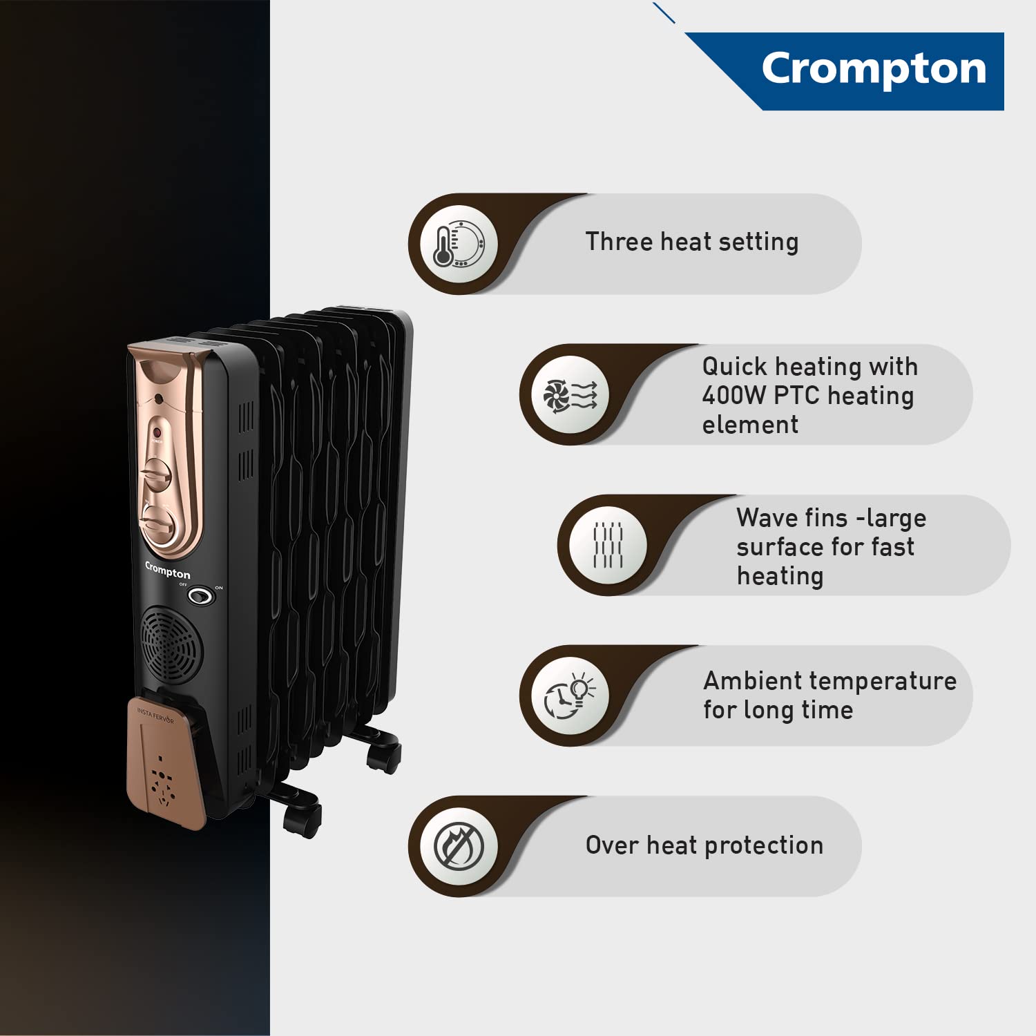 Crompton Insta Fervor 9 Fins 2400 Watts Oil Field Room Heater OFR with PTC fan, Black Gold - Mahajan Electronics Online