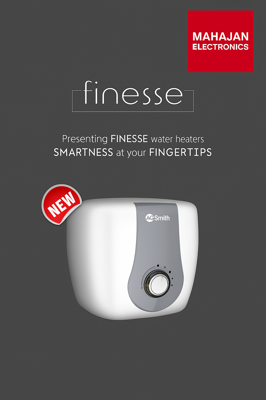 Advertisement for Mahajan Electronics Finesse water heaters on a gray background