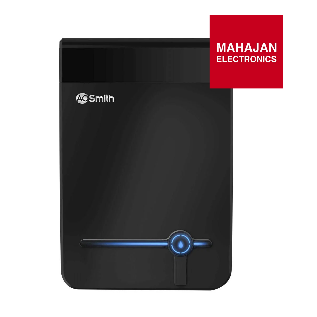 Black water heater with A.O. Smith logo and Mahajan Electronics branding on a white background