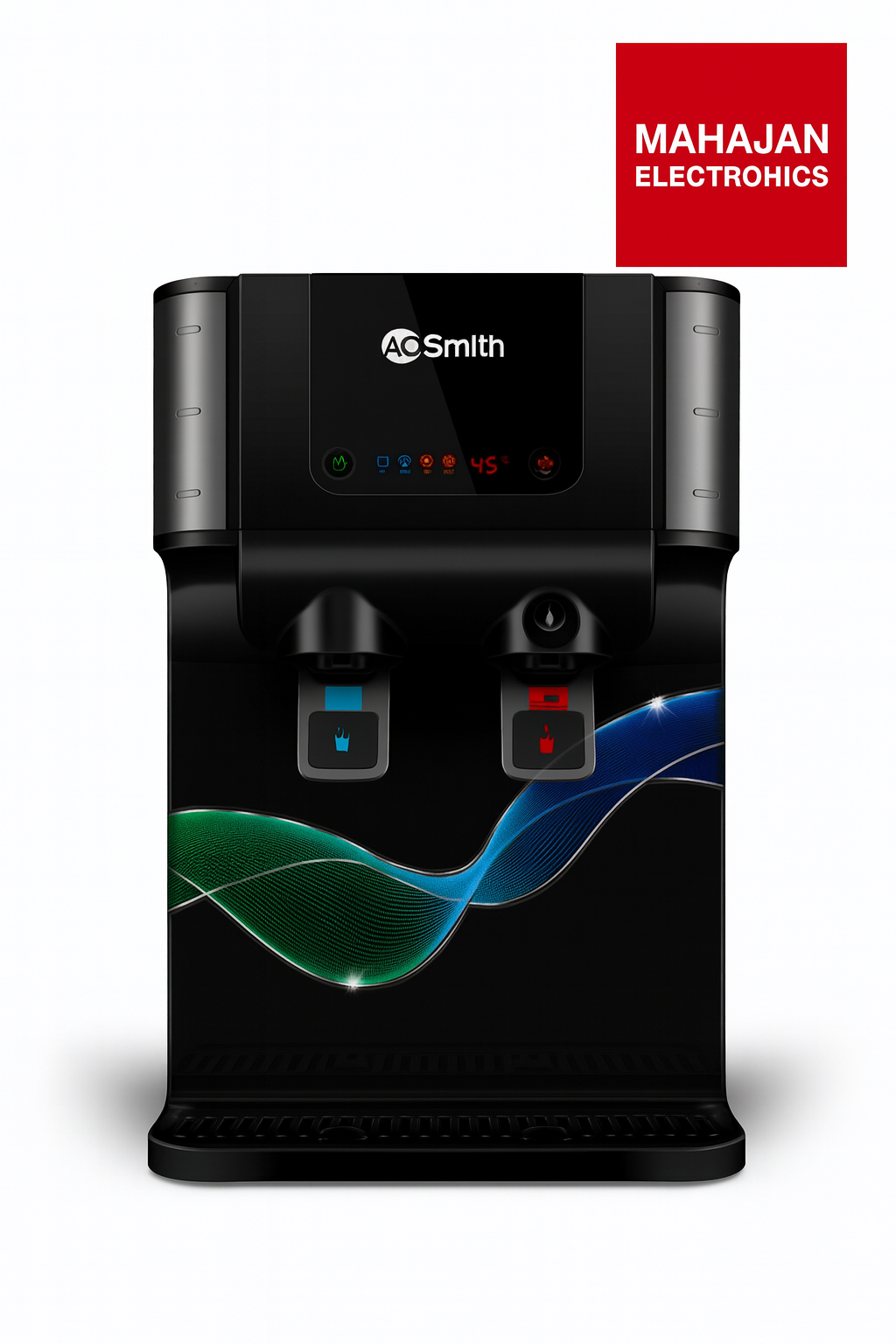 Black water purifier with AG Smith logo and Mahajan Electruchics branding on a white background