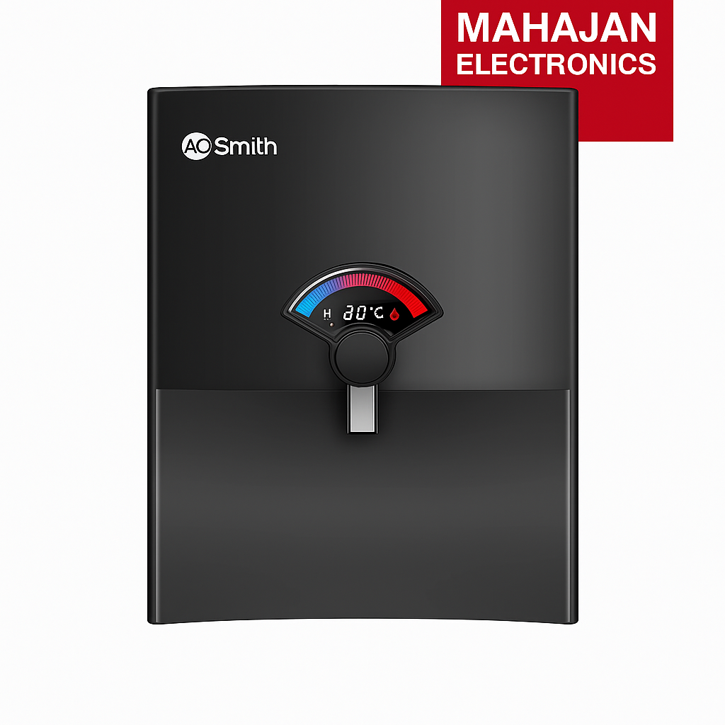 Black water heater with A.O. Smith logo and temperature gauge, branded by Mahajan Electronics.