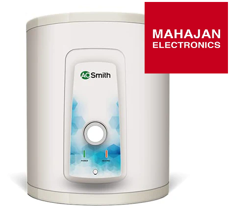 White water heater with A.O. Smith logo and Mahajan Electronics branding on a white background