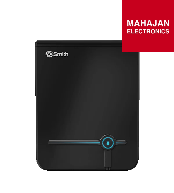 Black water filter with AC Smith logo and Mahajan Electronics branding on a white background