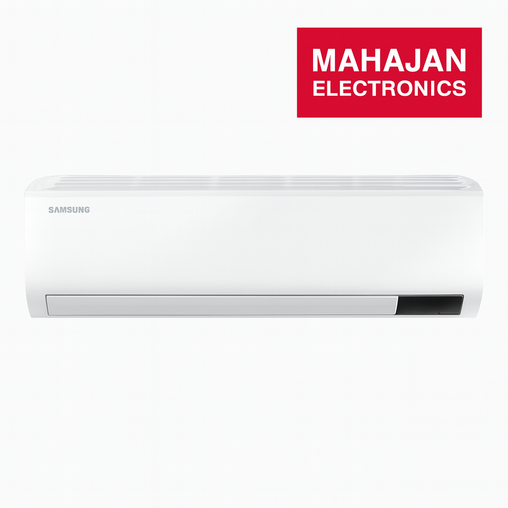 Samsung air conditioner with Mahajan Electronics logo on a white background
