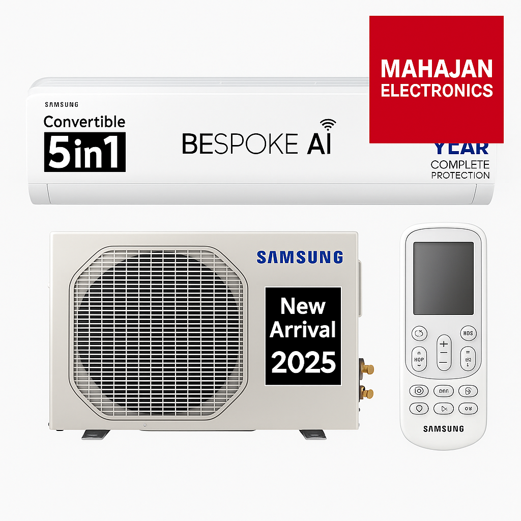 Samsung air conditioner with remote control and Mahajan Electronics logo on a white background