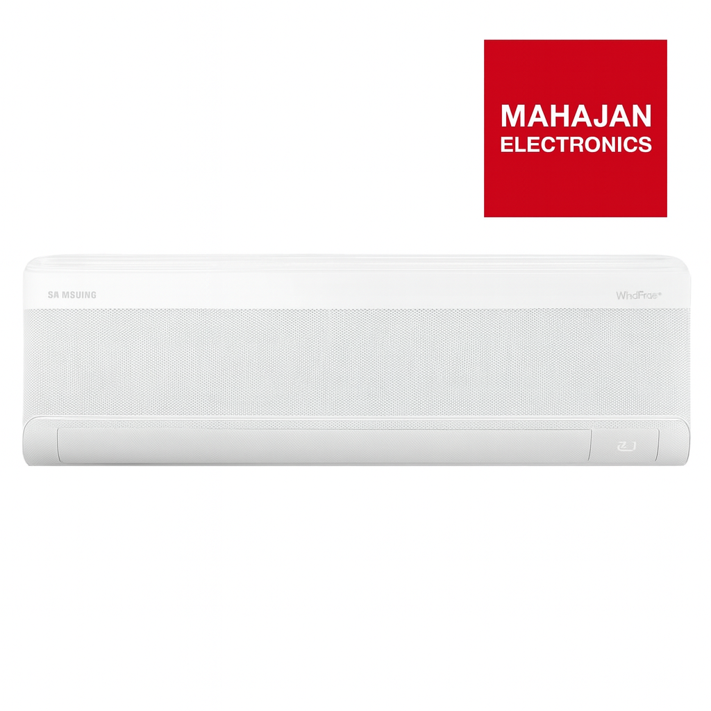 White air conditioner with Mahajan Electronics logo on a white background