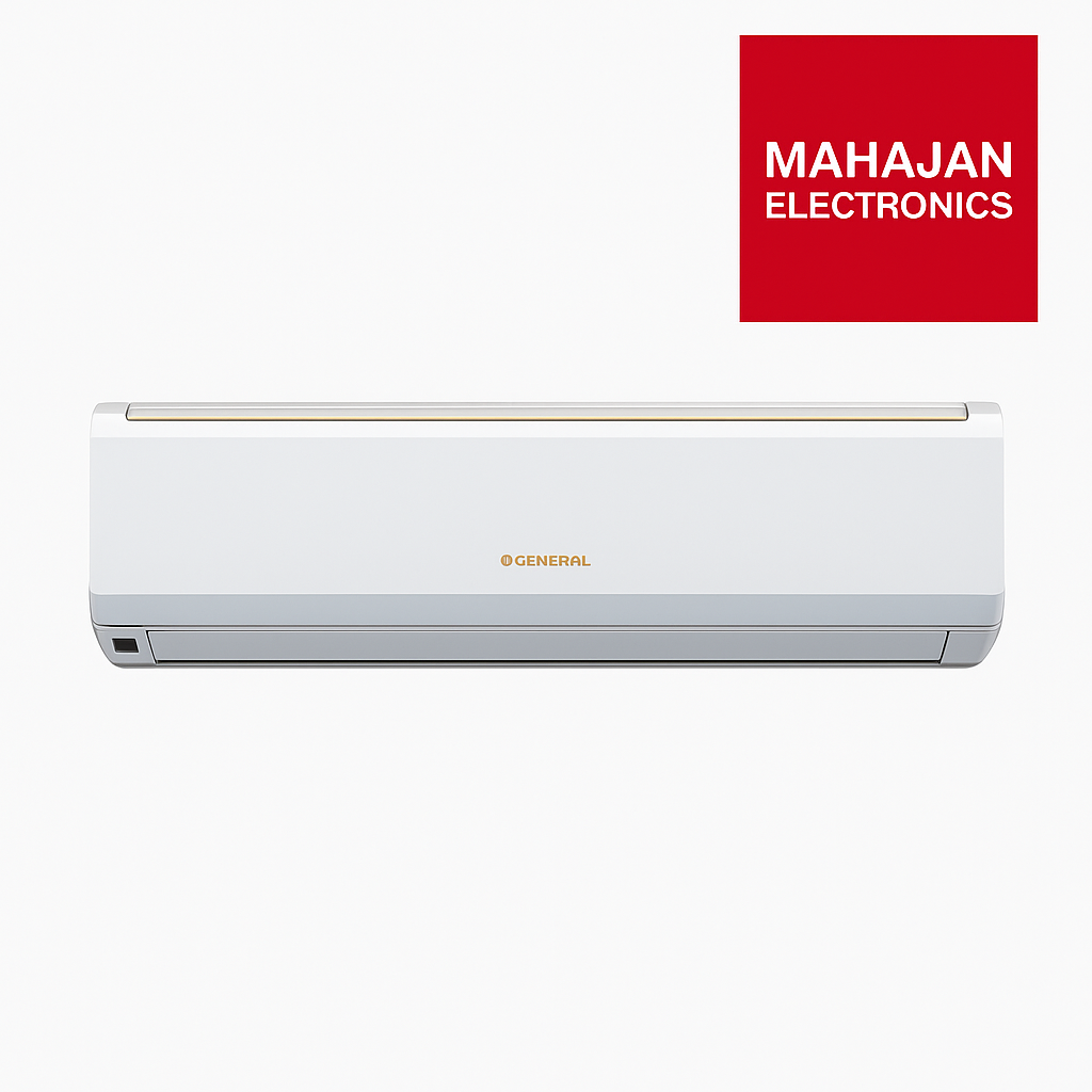 White air conditioner with Mahajan Electronics logo on a white background