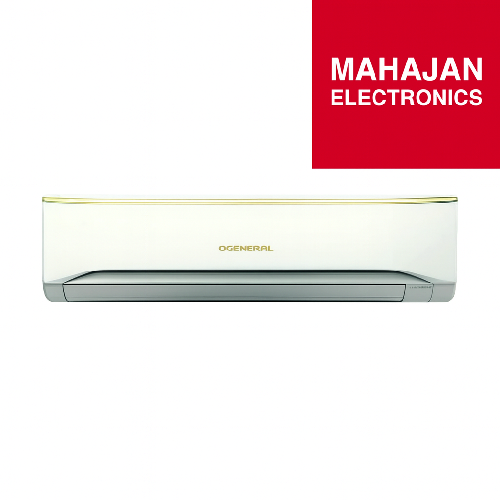 White air conditioner with 'Mahajan Electronics' logo on a red background