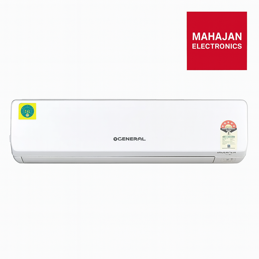 White air conditioner with OGeneral branding on a white background, featuring Mahajan Electronics logo.