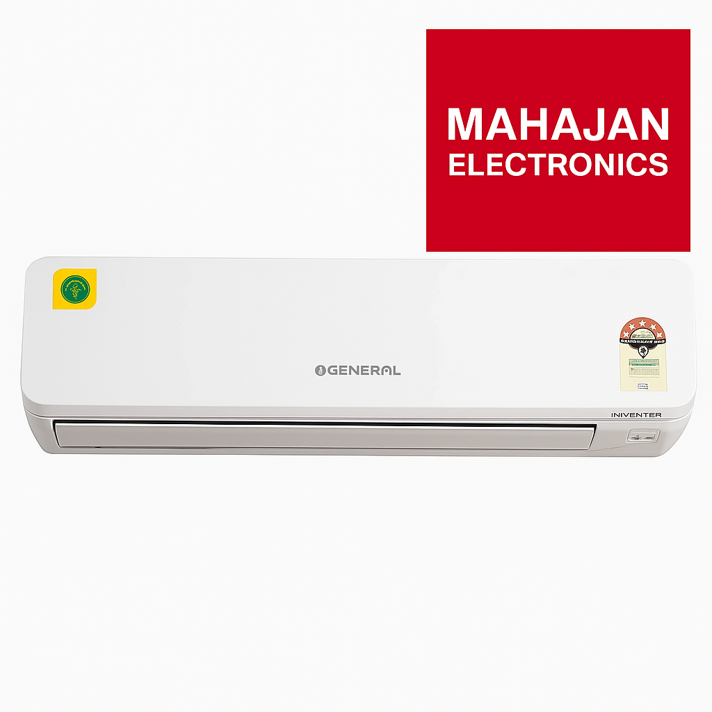 White air conditioner with Mahajan Electronics logo on a white background