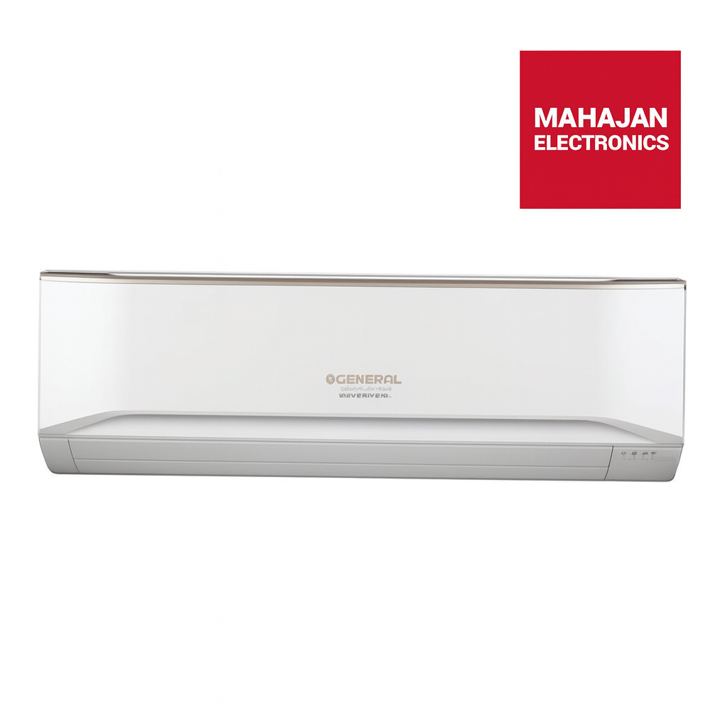 A white OGENERAL split air conditioner with a remote control displayed in front of it.