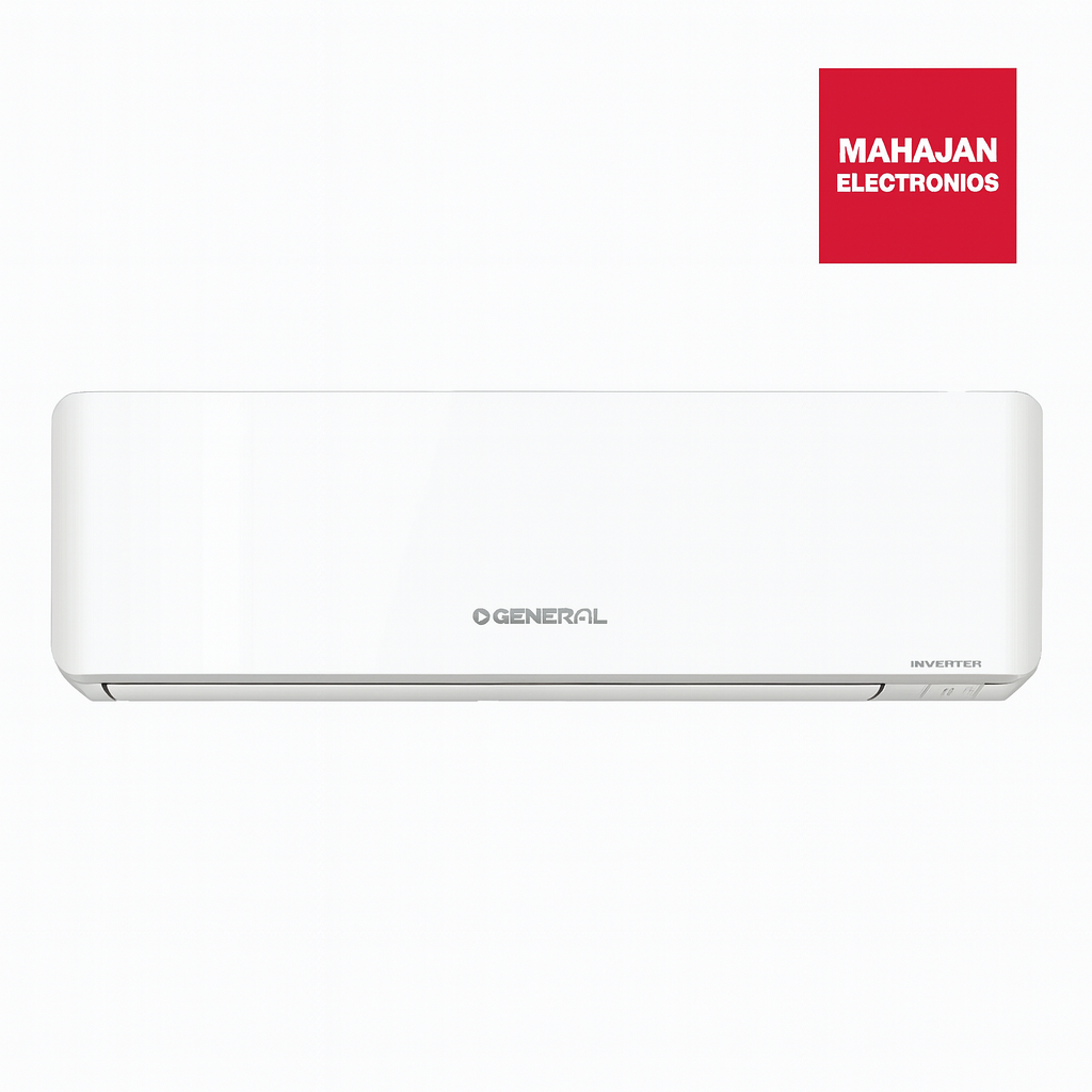 White air conditioner with General and Mahajan Electronicos logos on a white background
