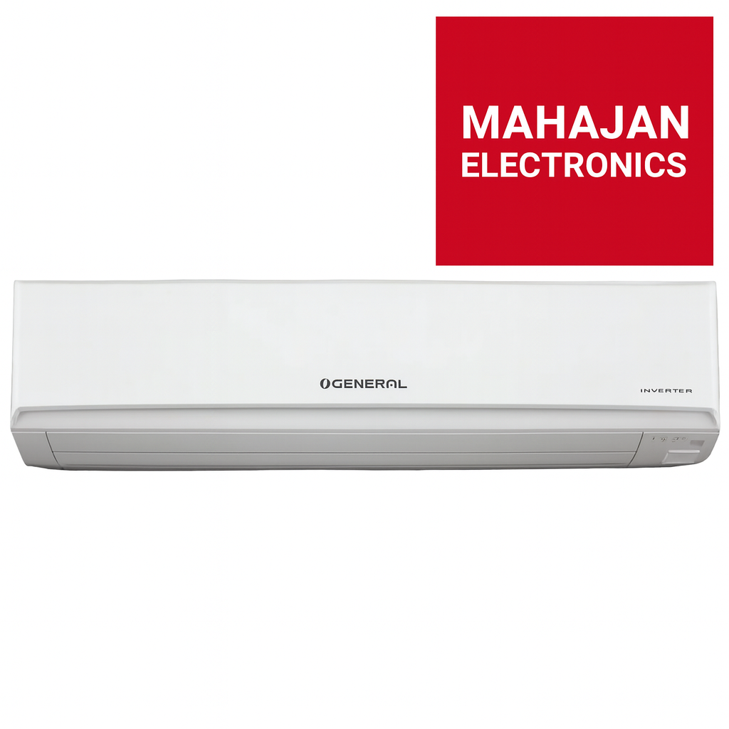 White air conditioner with 'Mahajan Electronics' logo above on a white background