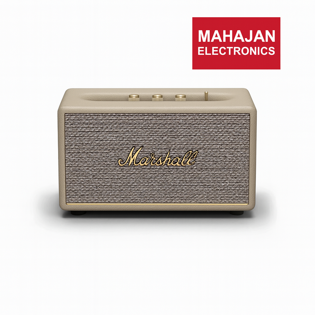 Marshall speaker with Mahajan Electronics logo on a white background