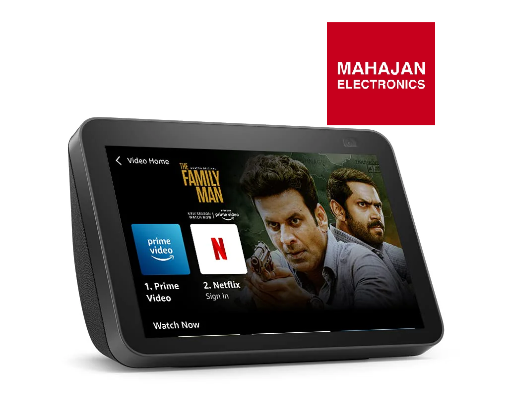 Smart display with streaming app icons on screen, branded as Mahajan Electronics.