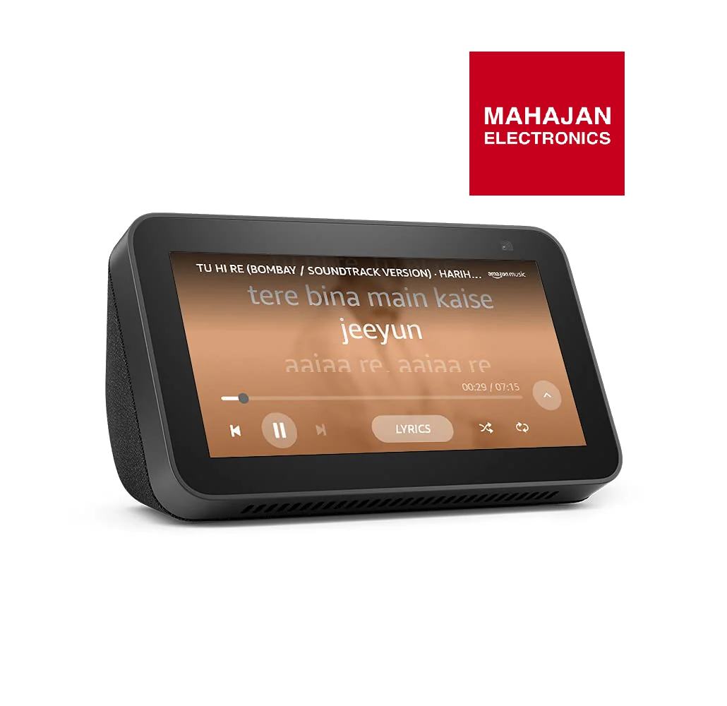 Smart display with music player interface on a white background, featuring Mahajan Electronics logo.