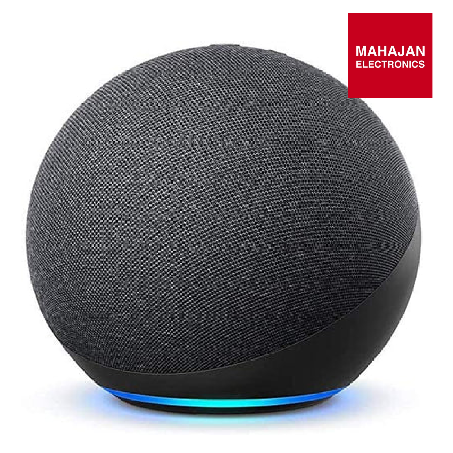 Smart speaker with a textured gray exterior and blue light on a white background, branded with Mahajan Electronics.
