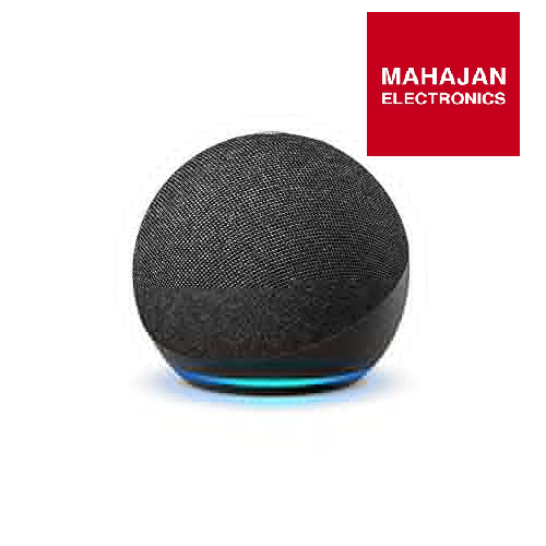 Black smart speaker with blue light on a white background, featuring the Mahajan Electronics logo.