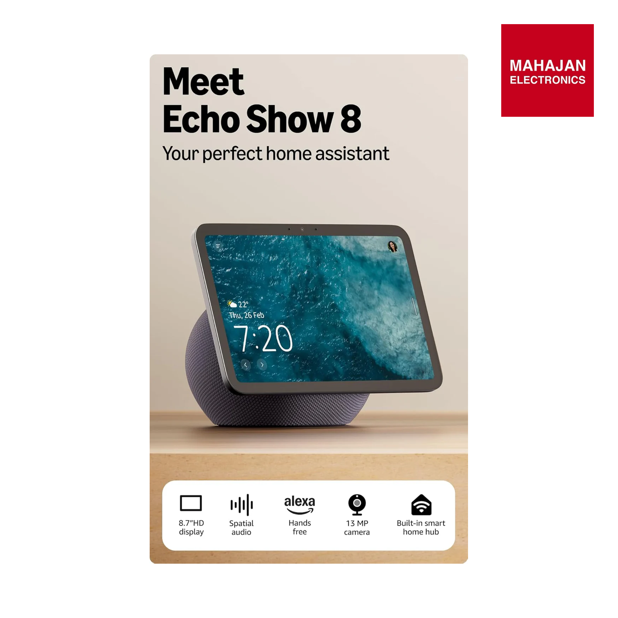 Amazon Echo Show 8 (newest model), vibrant 8.7" HD display with spatial audio & Alexa, new sleek design, smart home controls, 2x bass speaker, 13 MP camera, bluetooth, Graphite Mahajan Electronics Online