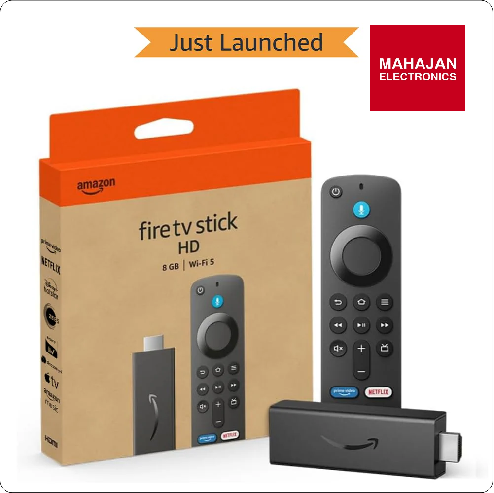 Amazon Fire TV Stick HD with packaging and remote control on a white background, featuring Mahajan Electronics branding.