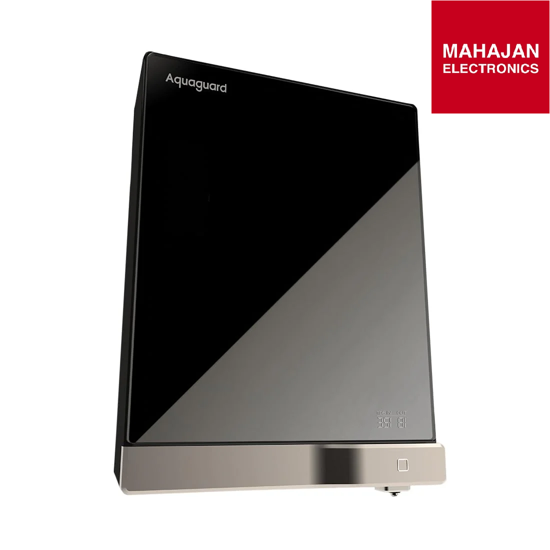 Black and silver electronic device with Aquaguard branding on a white background, featuring Mahajan Electronics logo.