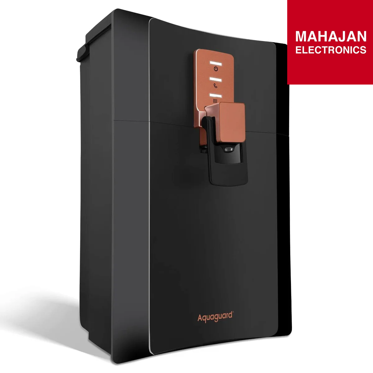 Black water purifier with brown handle on a white background, featuring the Aquaguard brand.