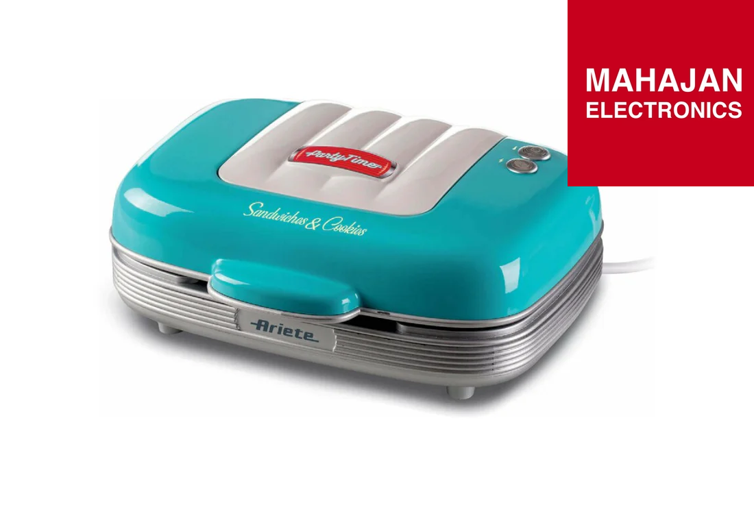 Turquoise waffle maker with Ariete branding on a white background, featuring the Mahajan Electronics logo.