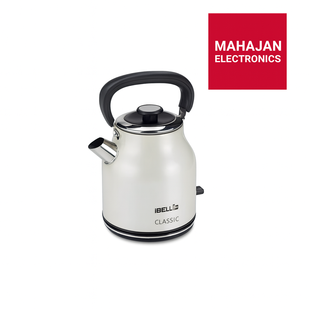 Electric kettle with black handle on a white background, featuring the Mahajan Electronics logo.