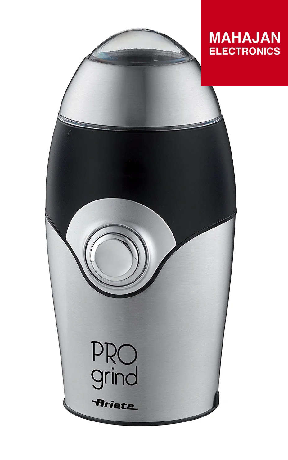 Electric coffee grinder with 'Pro Grind' branding on a white background, featuring the Mahajan Electronics logo.