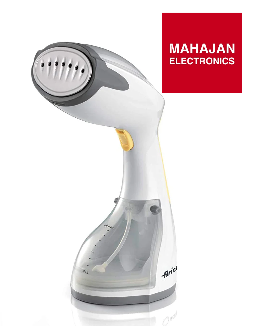 Handheld steamer with Ariete branding on a white background, featuring the Mahajan Electronics logo.