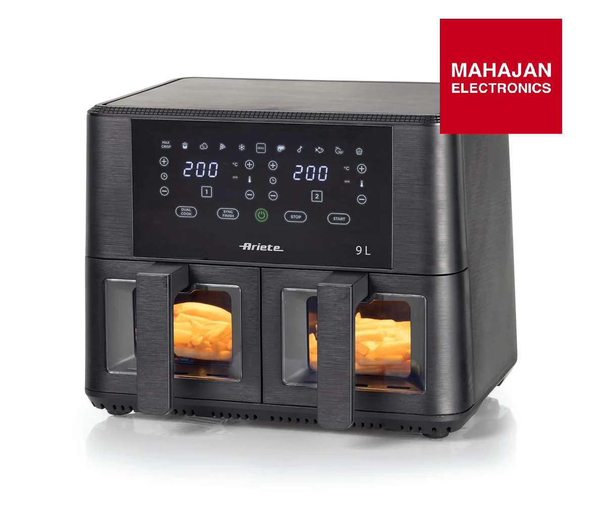 Black air fryer with digital display showing '200' and '9L', brand 'Ariete' visible, on a white background with 'MAHAJAN ELECTRONICS' logo.