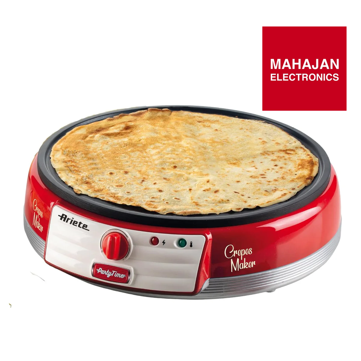 Crepes maker with a crepe on top, branded as Ariete, on a white background with Mahajan Electronics logo.