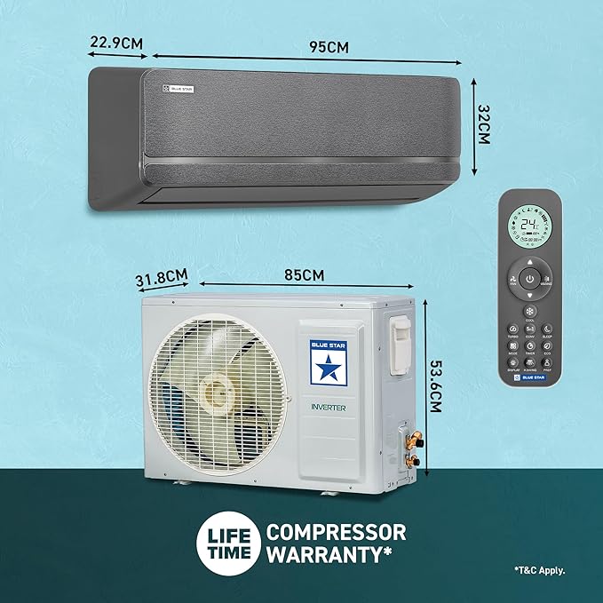 Blue Star IE518SNUR, Midnight Silver  1.5 Ton 5 Star, Iconia Inverter Split AC (Copper,4-Way Swing, DigiQ Hepta Sensor, Blue Fins,Turbo Cool, Self Clean Technology-Online Mahajan Electronics